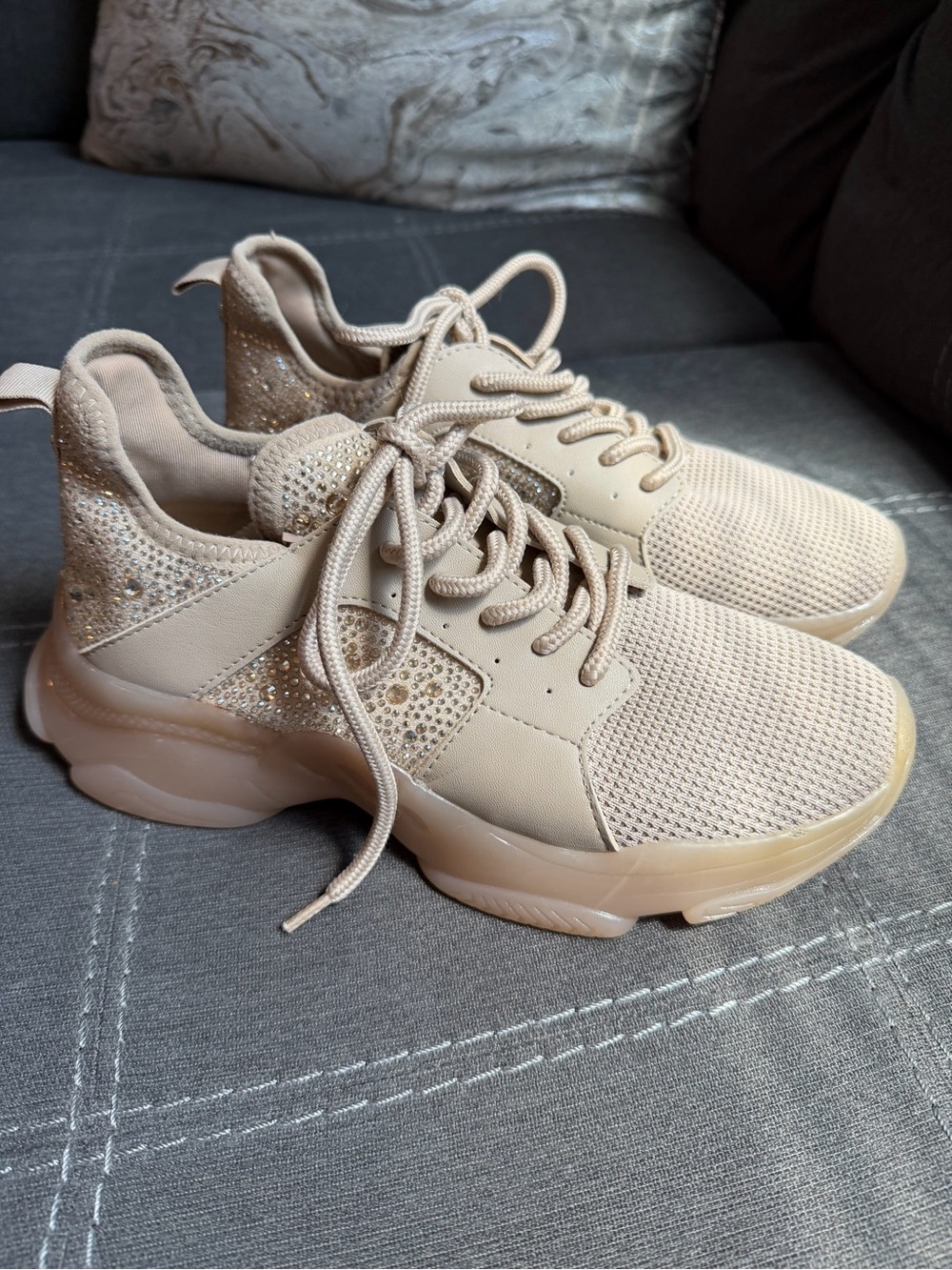 Steve Madden Beige Knit Lace-Up Sneakers with Rhinestone Accent